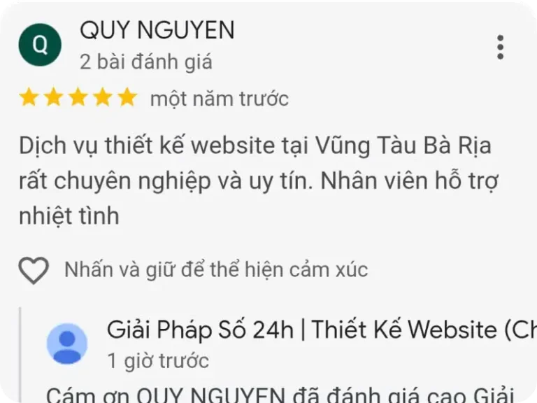 Phản hồi của khách hàng QUY NGUYEN về thiết kế website tại Vũng Tàu