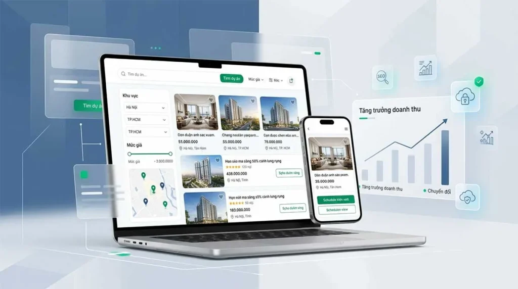 Giao diện thiết kế website bất động sản chuyên nghiệp trên laptop và điện thoại
