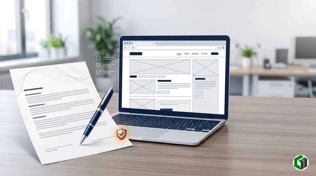Mẫu hợp đồng thiết kế website đặt cạnh laptop hiển thị giao diện website