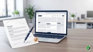 Mẫu hợp đồng thiết kế website đặt cạnh laptop hiển thị giao diện website